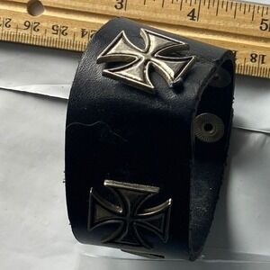 Black Leather Wide Cuff Bracelet Silver Tone Cross Studded Punk Rock